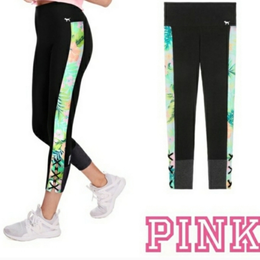 VS PINK black tropical lace up crop legging